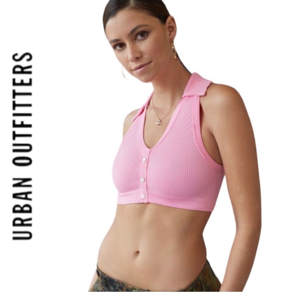 NEW UO Urban Outfitters Larson Ribbed Seamless Pink Collared Bra Top XS S